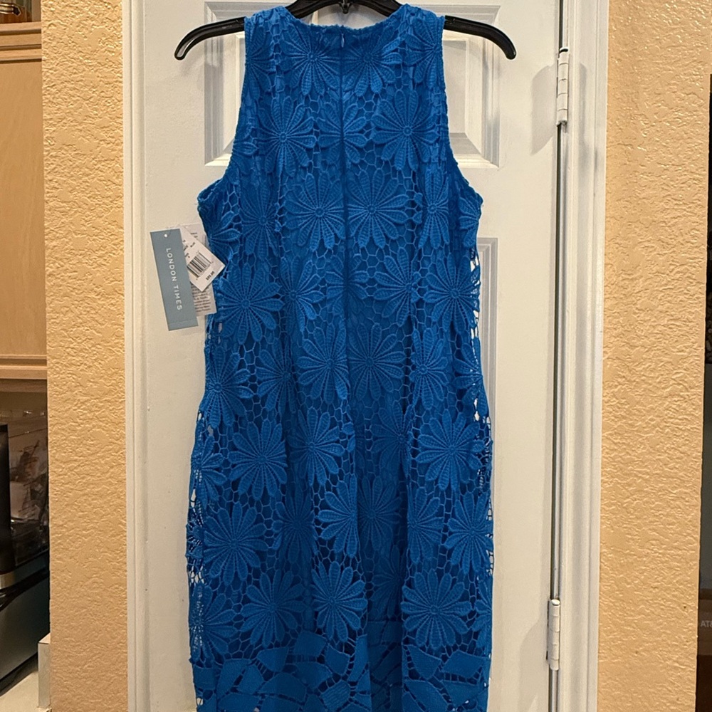 London Times Blue Sheath Midi Dress Mock Neck Sleeveless